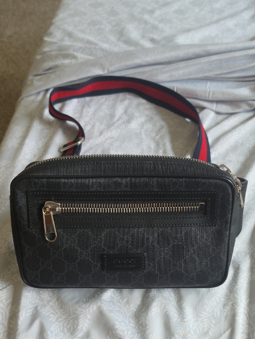 Gucci Black GG Supreme Canvas Belt Bag with Red and Blue Web Strap
